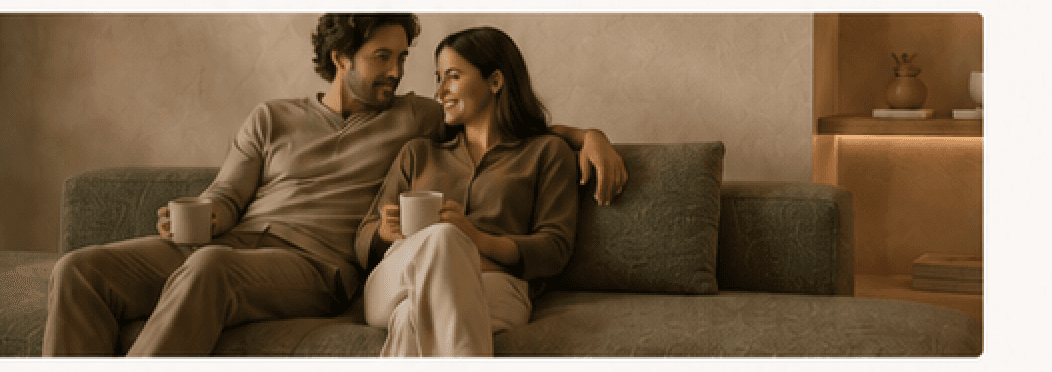 A couple sitting together on an olive Vellum sofa.