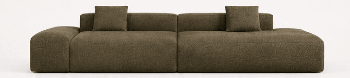 Centered front view of the olive Vellum Lowform sofa on a light product stage.