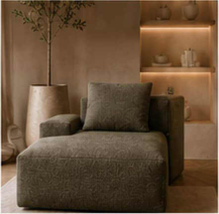 Single olive Vellum module arranged as a deep armchair.