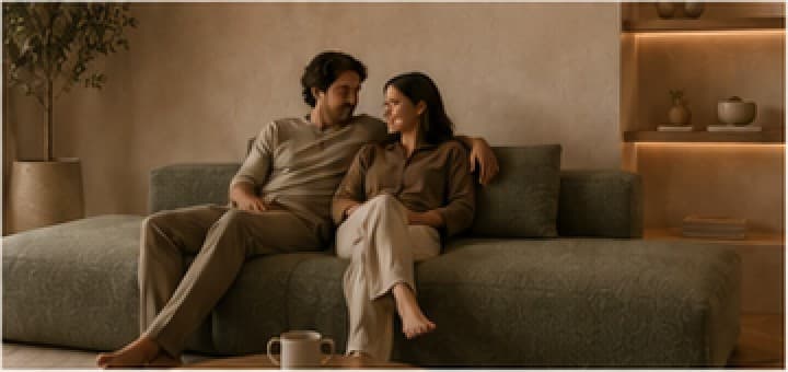 A couple sitting together on an olive Vellum sofa.