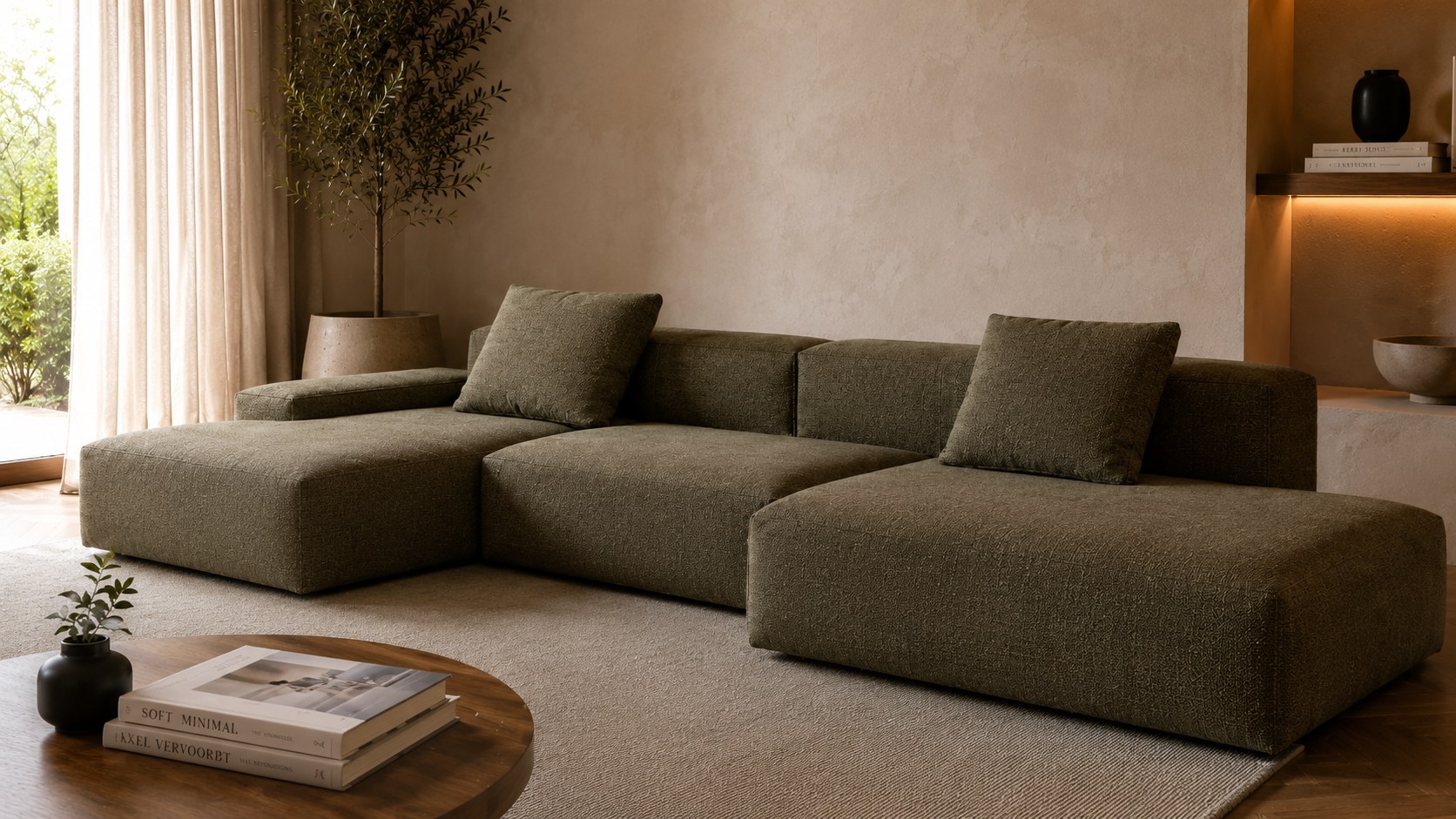Olive Vellum Lowform modular sofa in a warm living room.